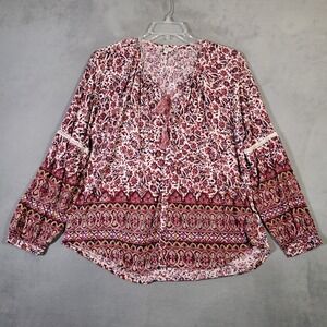 Lucky Brand Top Womens XL Red Floral Peasant Long Sleeve Boho Cottagecore Hippie